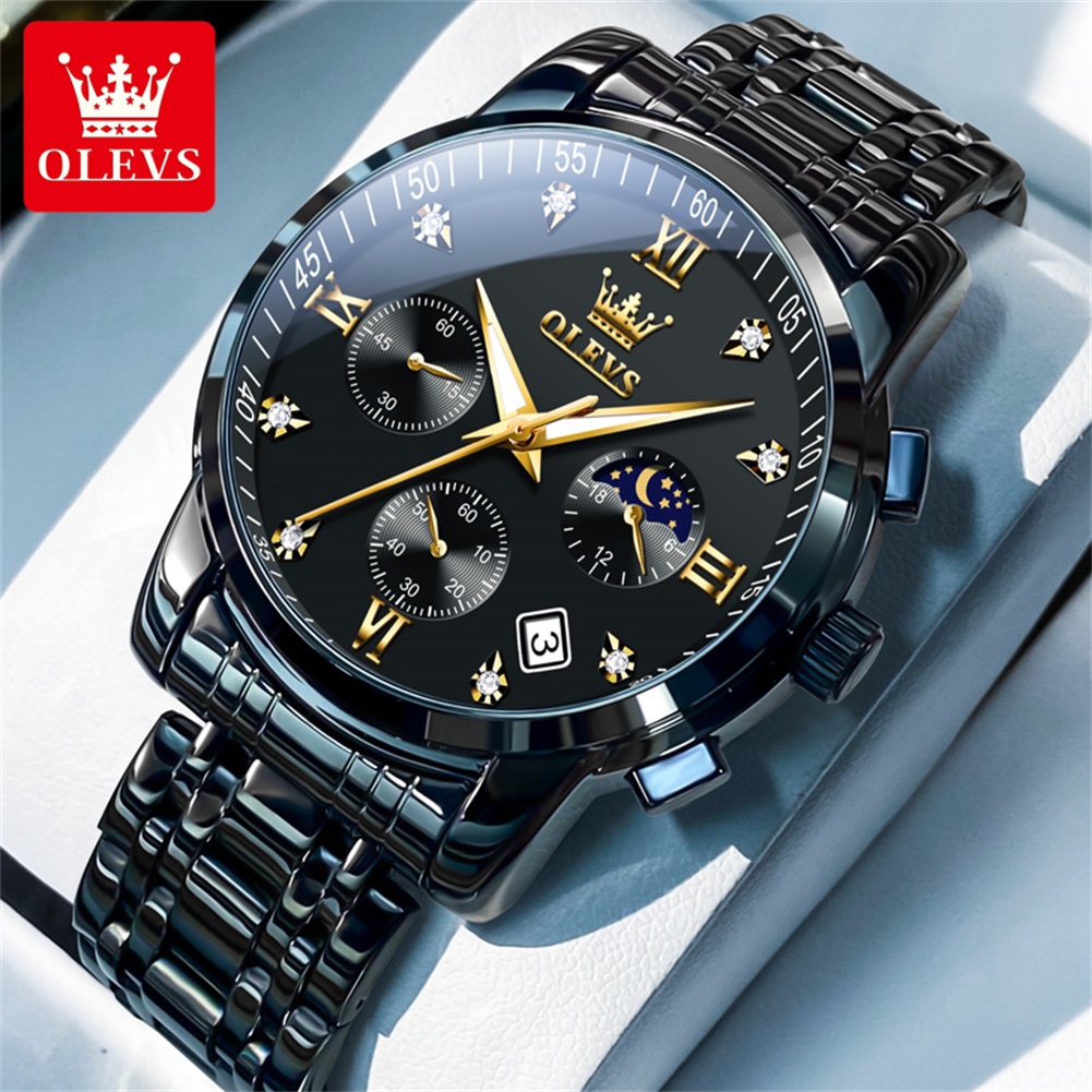 Luxury Zone - OLEVS นาฬิกาผู้ชายยอดนิยมสแตนเลสสีดำมูนเฟสโครโนกราฟนาฬิกาควอทซ์สำหรับผู้ชายวันที่นาฬิกาข้อมือแบรนด์เดิม